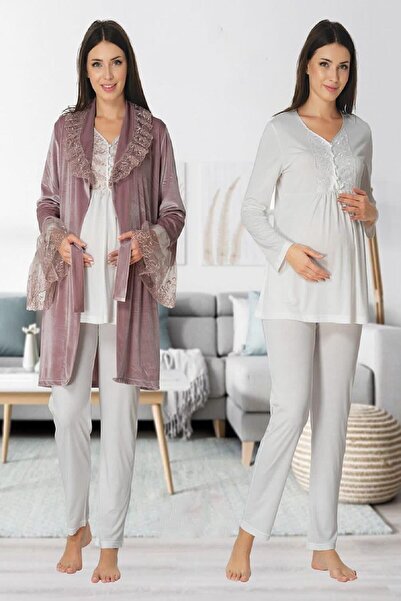 Effort Pijama طقم بيجامة للحوامل من Zerre Bebe باللون الأبيض مع ثوب نوم مخملي...