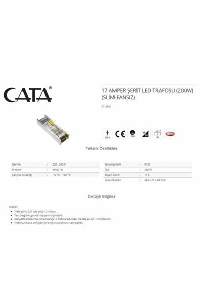 Cata Ct-2561 17 Amper Slim Şerit Led Trafosu Adaptör