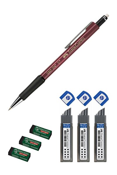 Faber Castell Grip 1347 Claret Red 0.7 Versatil Pen + Faber Black Eraser + Fa...