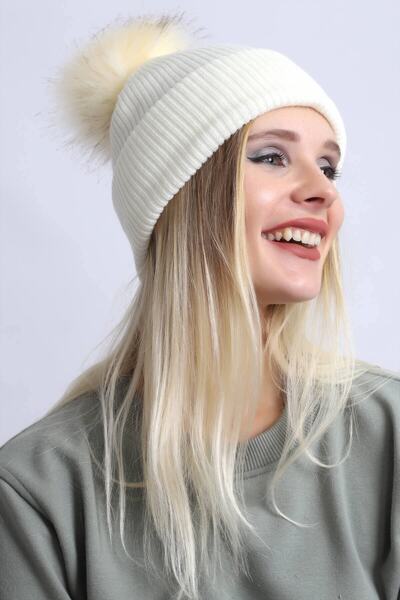 Deafox Dámský baret Ecru Pompom