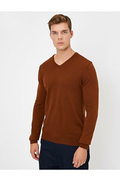 Koton Мъжки кафяв пуловер с V-образно деколте 0KAM92006LT