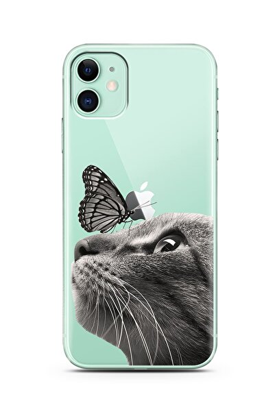 Spoyi Kedi Kelebek Tasarımlı Süper Şeffaf Silikon Telefon Kılıfı Iphone 11