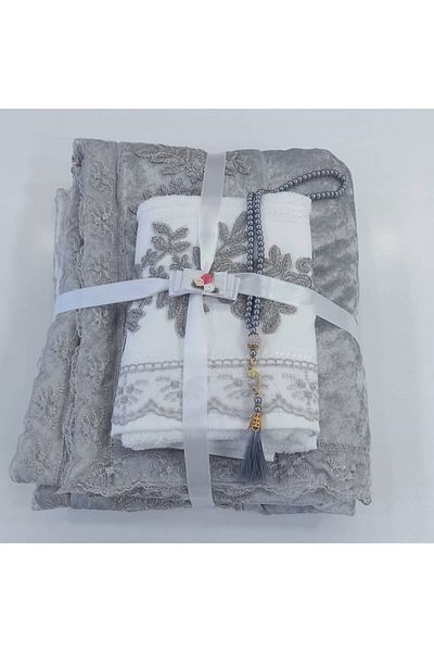 ceyizimdekor 3 Piece Velvet Prayer Rug Towel Rosary Dowry Bundle Bridal Set