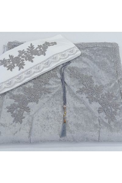 ceyizimdekor 3 Piece Velvet Prayer Rug Towel Rosary Dowry Bundle Bridal Set