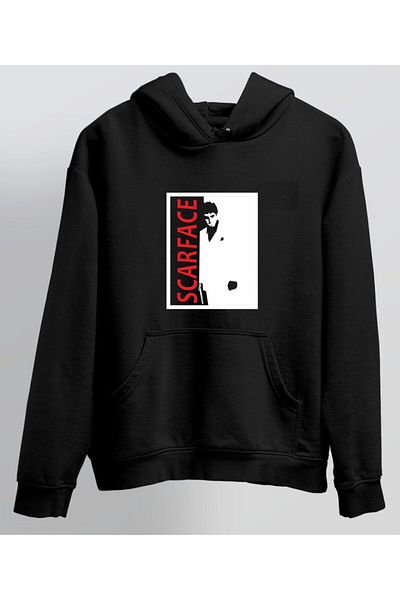 venüsdijital Unisex Black Scarface Printed Hooded Sweatshirt