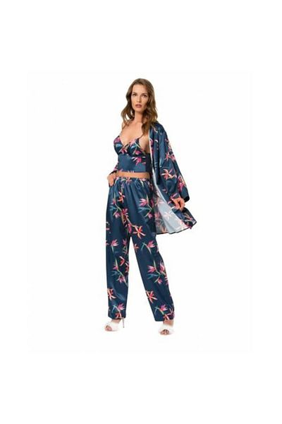 MOONGIRL Set de pijamale din satin triplu albastru pentru femei