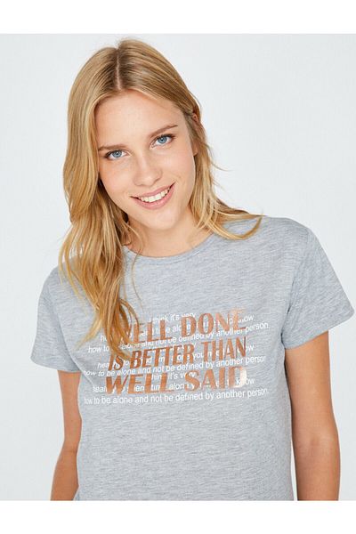 Koton Women's Gray Text Printed T-Shirt 9KAK13993EK