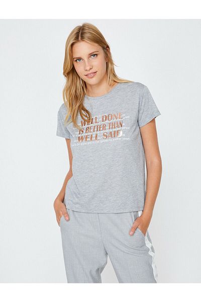 Koton Women's Gray Text Printed T-Shirt 9KAK13993EK