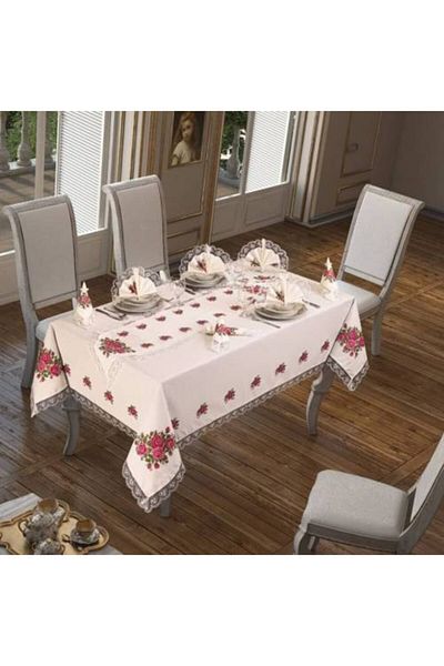 Firuze 26 Piece Pink Cross Stitch Printed Dinnerware Set