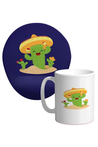 Onartem Happy Cactus Oval Wrist Supported Mouse Pad And Mug Cup Set