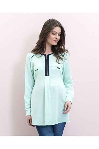 Even Fashion Hamile Giyim Women's Green Collar Zippered Long Sleeve Maternity Blouse
