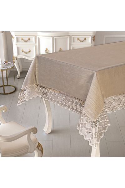 Selin Cappucino Laurel Special Velvet Boxed Luxury Linen Linen Laced Tablecloth