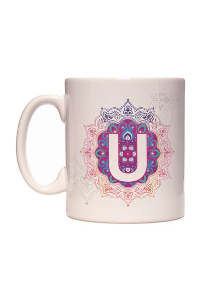 Rock'n Fox Authentic Mandala Patterned Letter U Initial Colored Mug
