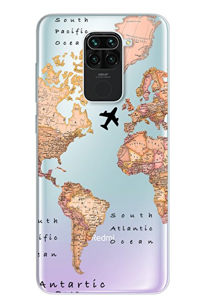 Spoyi Xiomai Redmi Note 9 Transparan Harita Tasarım Silikon Telefon Kılıfı
