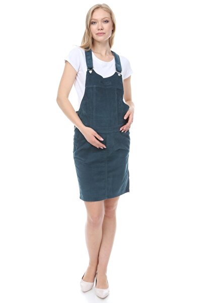 MİMBA Kadın Petrol Mavi  İnce Fitil Kadife Hamile Etekli Tulum