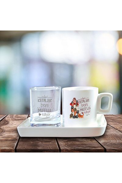 GÖNÜL Cat Printed Turkish Coffee Cup and Water Cup Set