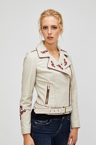 Deri Effect Kadın Bej Viper Deri Ceket