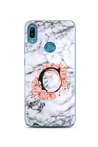 Spoyi Mermer Çiçekli Harf Tasarım Süper Şeffaf Silikon Telefon Kılıfı Huawei Y6 Prime 2019 C-harfi