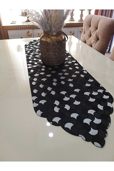 Finezza Mihrimah Oyster Pattern Jacquard Fabric Laser Cut Black/Grey Runner 140 cm - 840