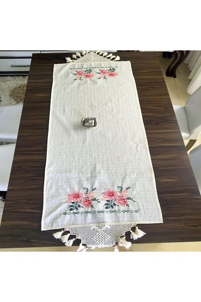 Yavuz Tekstil Refrigerator Cover Pink Cross Stitch Runner