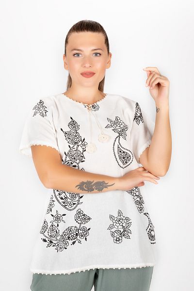 ÇIKRIKÇI TEKSTİL ŞİLE BEZİ Women's Ecru Sile Cloth Printed Short Sleeve Blouse