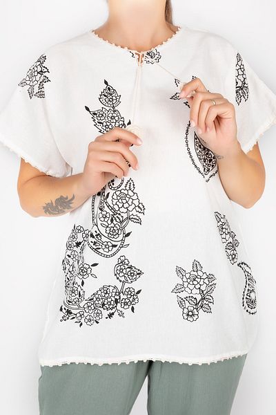 ÇIKRIKÇI TEKSTİL ŞİLE BEZİ Women's Ecru Sile Cloth Printed Short Sleeve Blouse