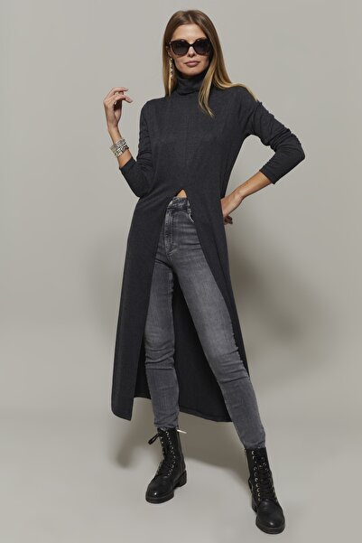 Cool & Sexy Kadın Antrasit Balıkçı Yaka Uzun Yırtmaçlı Tunik EY1150