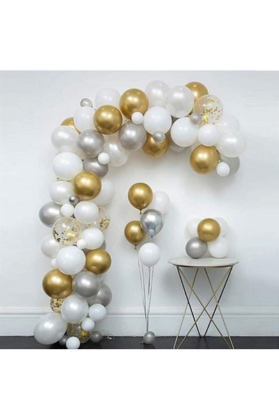 Parti Furyası White Gold Silver Chrome Confetti Balloon Chain Set