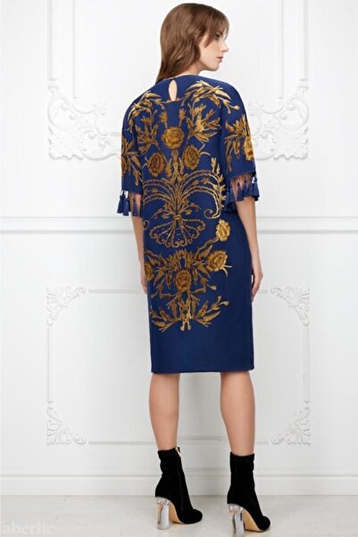 Faberlic Γυναικείο φόρεμα με μισό μανίκι με μπλέ μπλέ με μεταξωτές φούντες