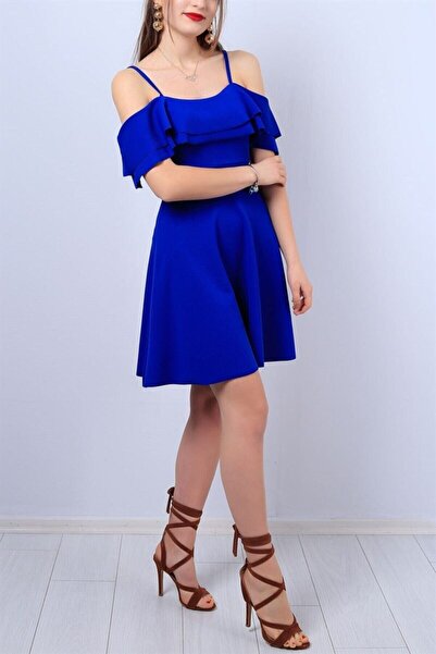 lovebox Flexible Crepe Fabric Collar Two Layers Flounce Strap Detailed Blue Evening Dress Blue Graduation Dress