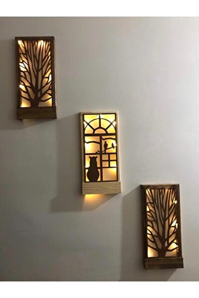 MSAĞWOODS Kahverengi Masif Ahşap  Ledli Tablo Duvar Süsü 36x18 3 Lü Set