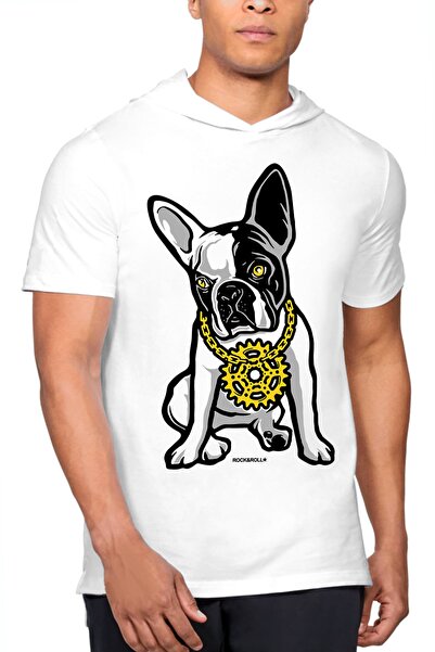 ROCKANDROLL Erkek Beyaz Fransız Rapci Kapüşonlu Kısa Kollu T-shirt