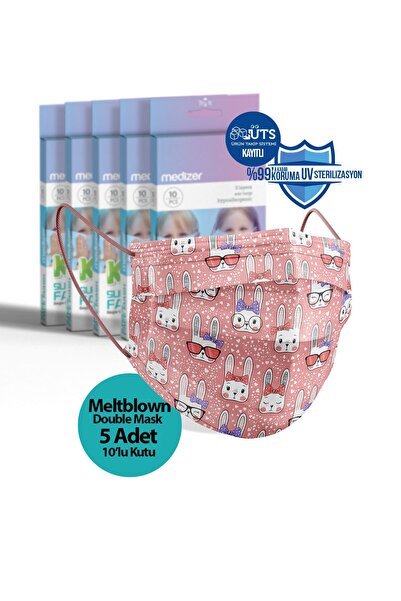 Medizer Tavşan Desenli 3 Katlı Meltblown Cerrahi Çocuk Maskesi 10'lu 5 Kutu T...