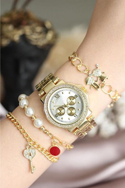 Spectrum Altın Renk Zirkon Taşlı Roma Rakamlı Kadın Saat Ve Bileklik Kombini