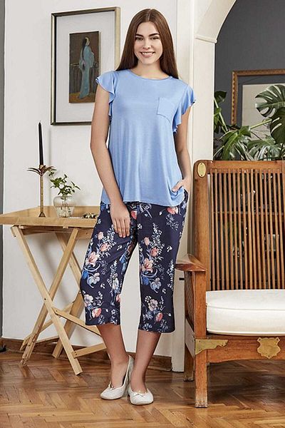 Eros Costum Capri albastru cu mânecă scurtă cu decolteu O ESK0218Y0290
