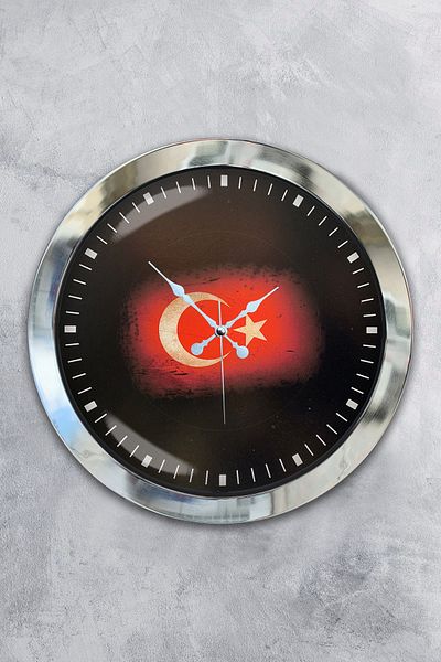 Kasva Concept 36 cm Chrome Metal Turkish Flag Wall Clock