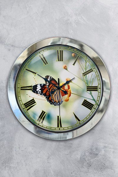 Kasva Concept Gift 36 cm Chrome Metal Butterfly Wall Clock