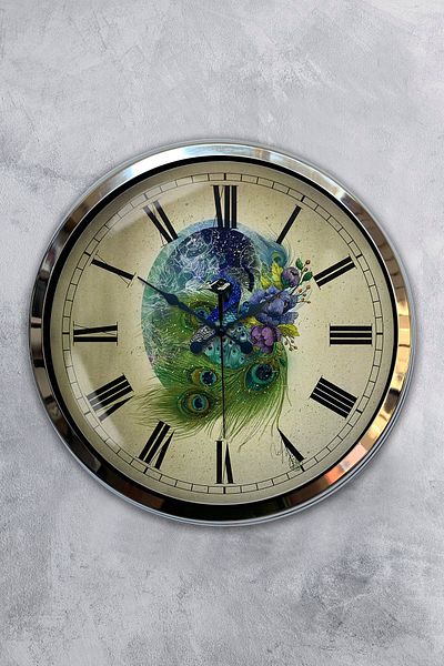 Kasva Concept Gift 40 cm Chrome Metal Peacock Wall Clock