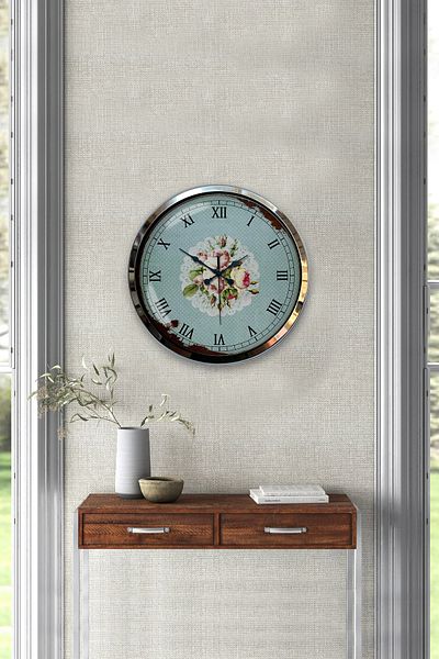 Kasva Concept Gift 40 cm Chrome Metal Pink Rose Wall Clock
