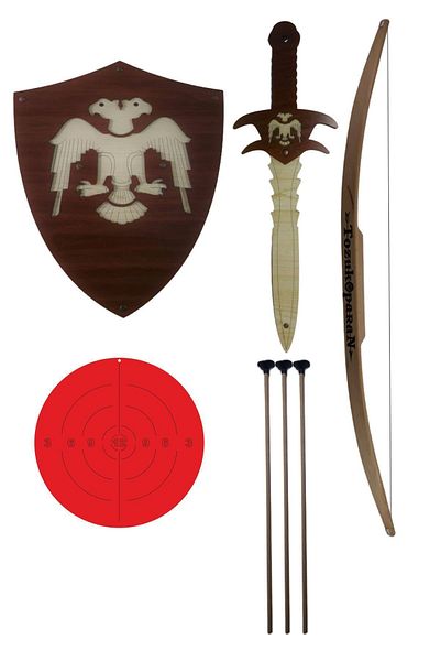 Ahtek Wooden Toy Set of 4 Seljuk Shield Sword Pudukoparan Arrow Bow Target Walnut