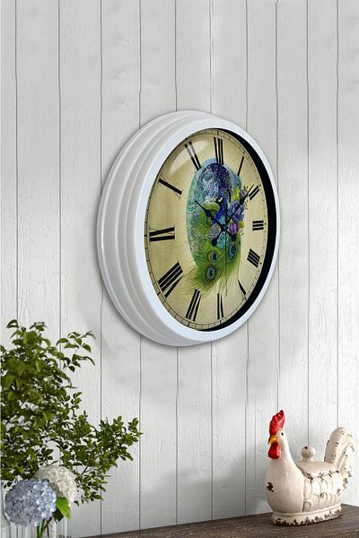 Kasva Concept Gift 40 cm White Metal Peacock Wall Clock