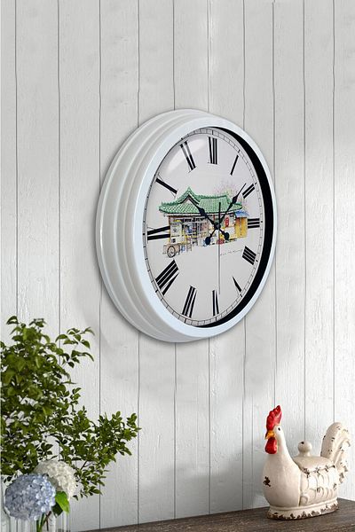 Kasva Concept 40 cm White Metal Village Grocery Wall Clock