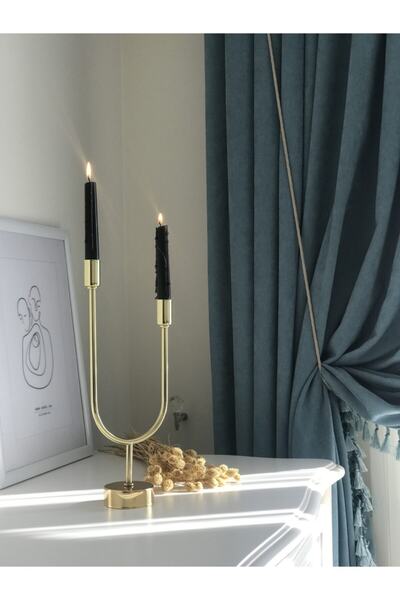 Kübra Özdemir Store Metal Şamdan & Mumluk 2 Kollu Dekoratif Gold Şamdan Parla...