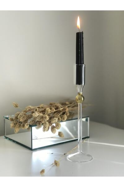 Kübra Özdemir Store Çubuk Cam Şamdan Sarı Top Detaylı Şamdan El Yapımı Mumluk