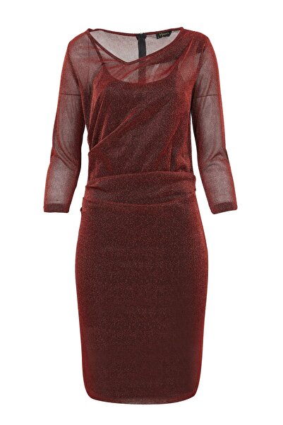 Hanna's by Hanna Darsa Kadın Kırmızı V Yakalı Drapali Astarlı Örme Elbise