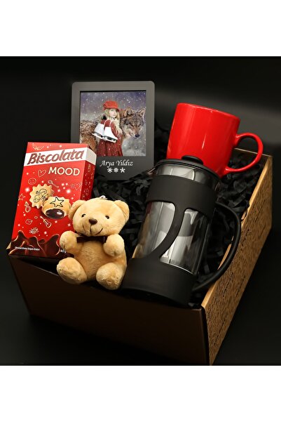 Bonitagift Siyah Çerçeve + French Press + Kırmızı Kupa Bardak + Minik Ayıcık&...
