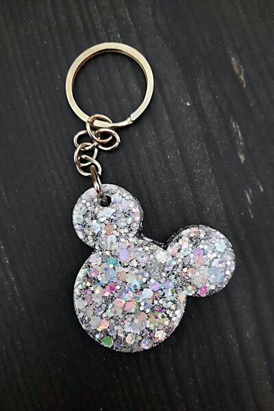Mickey Mouse Gümüş Simli Epoksi Anahtarlık Mickey Anahtarlık