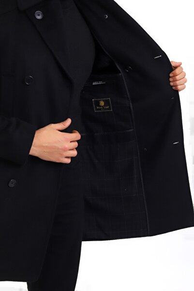 By Karaaslan Men's Black Woolen Winter Coat Short Overcoat Double Breasted Collar Buttoned Italian
