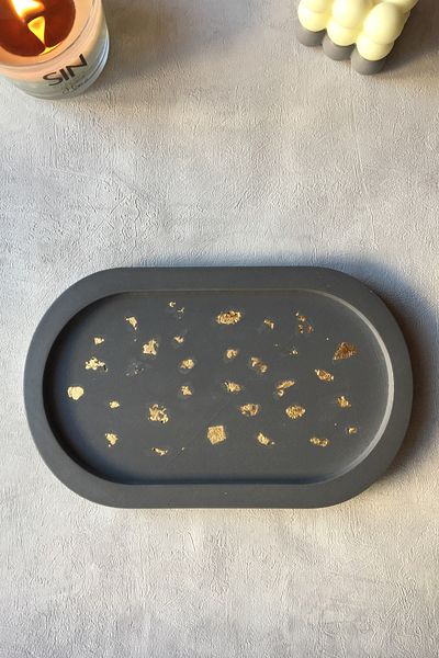 sin istanbul Gold Detail Oval Concrete Plate Anthracite Gray