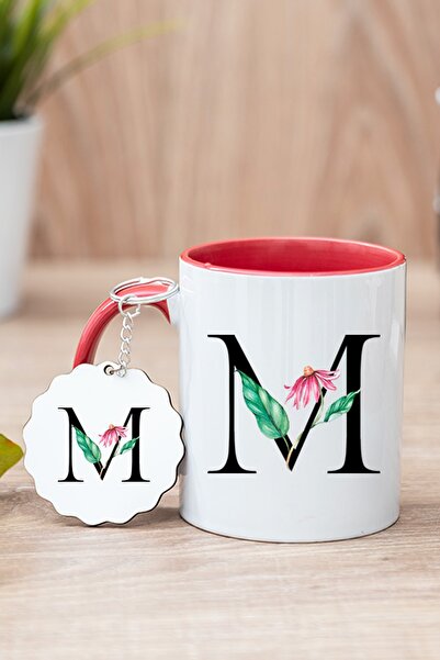 Procity M Harfi Yapraklı Kırmızı Kupa Bardak Ve Anahtarlık